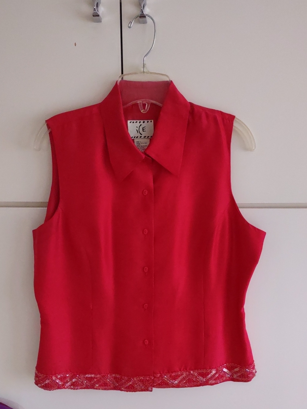 Ice Sleeveless Button-Down Red Blouse, with Beading, Good Condition